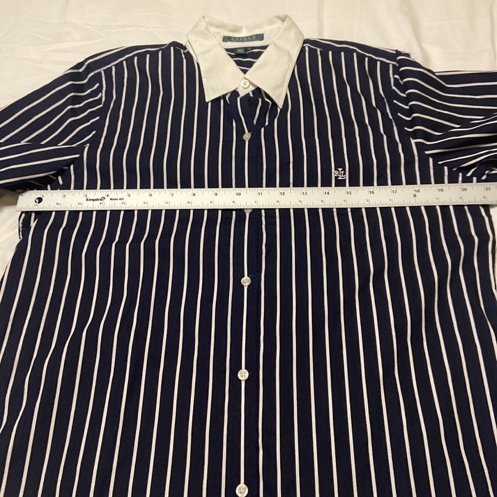 Ralph Lauren VTG Cuff & Collar Button-Up 3/4 Sleeve Shirt Navy/White Stripe SZ L - Picture 7 of 11